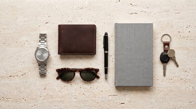 Flat lay of essential mens accessories including a watch wallet sunglasses pen notebook and keys on a textured background