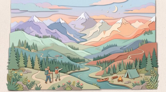 Layered Paper Cut Illustration of Hikers Exploring Valley Campsite