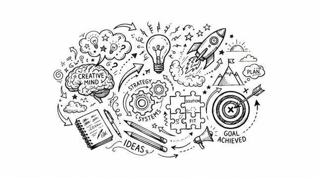 Hand draw creative mind idea strategy and business success doodle set