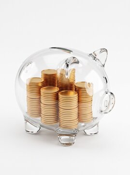 Transparent piggy bank filled with stacks of gold coins on a white background symbolizing savings and financial growth