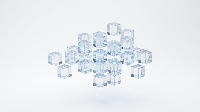 Abstract network of transparent glass cubes connected by glowing blue lines on a white background