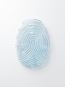 Abstract blue glass fingerprint graphic with clean white background representing identity and security