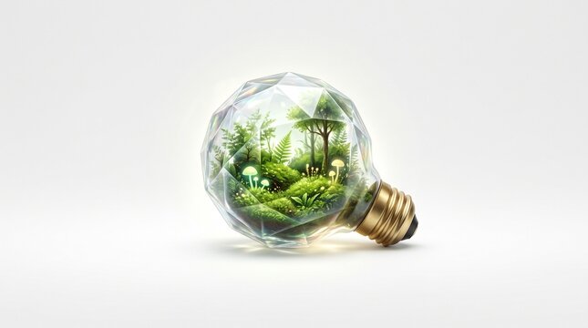 Eco friendly idea concept a miniature forest ecosystem inside a crystal light bulb on a white background