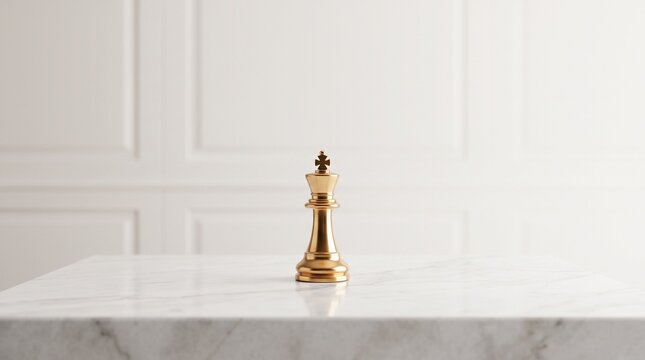 Golden Chess King Piece Standing Alone on Marble Table Against White Panelled Wall