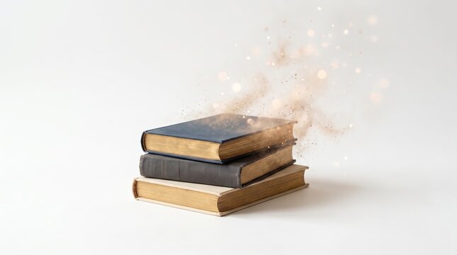 Stack of old books with magical dust and bokeh lights on a white background