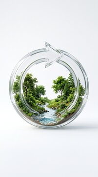 Glass recycling symbol enclosing a miniature pristine forest landscape with a flowing stream