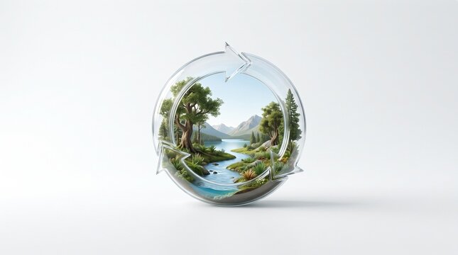 Circular recycling symbol containing a vibrant ecosystem with a lake, river, trees, and mountains