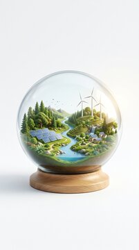 Eco friendly landscape inside a glass sphere with solar panels and wind turbines on a white background