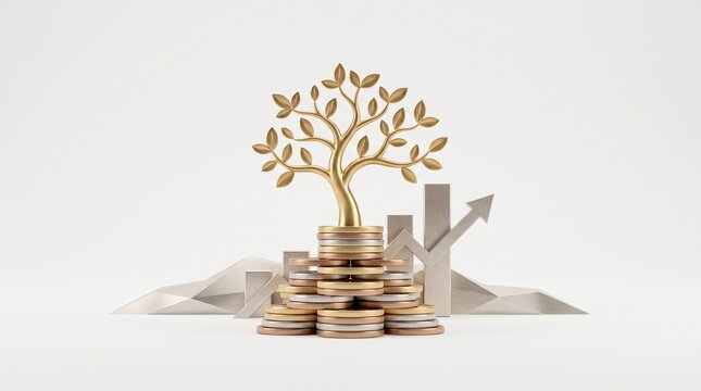 Golden tree of wealth growing from stack of coins with financial growth chart and arrow