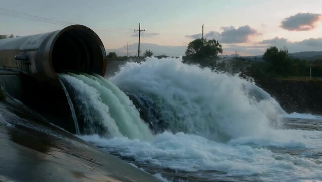 Powerful 4K slow motion hydrological video capturing an intense torrent of white water discharging from a concrete flood gate drainage dam following a severe hazardous flash storm
