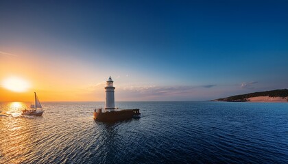 Fototapeta premium show a lighthouse illuminating a vessel symbolizing direction during customer journeys accompanied by a serene sea backdrop