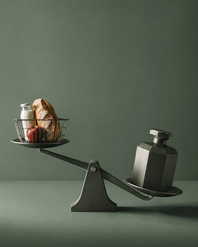 Seesaw Scale Balancing Grocery Basket Against Heavy Steel Weight Food Cost Inflation Concept