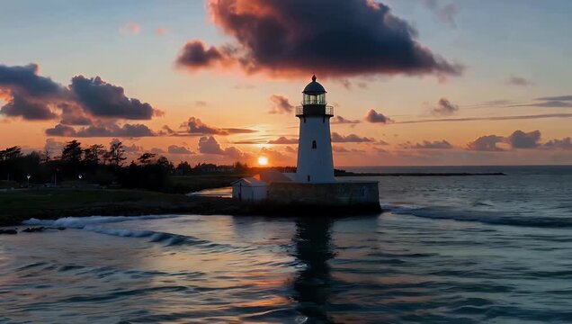 Captivating 4K twilight aerial time lapse showcasing the iconic Bornrif Lighthouse near Hollum on Ameland Island Netherlands as its sweeping searchlight cuts through the deep blue twilight sky over