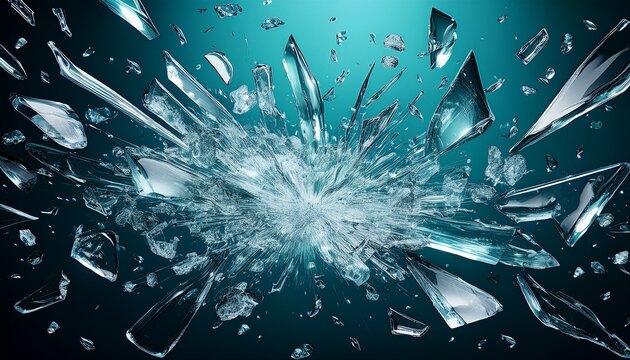 dynamic explosion of transparent glass or ice shards scattering outwards from a central impact point against a dark teal background conveying concepts of breaking power and abstract energy
