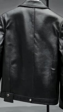 High end 4K fashion lifestyle video focusing on the detailed texture fine stitching and folds of a black painted leather jacket emphasizing quality outerwear manufacturing and apparel styling