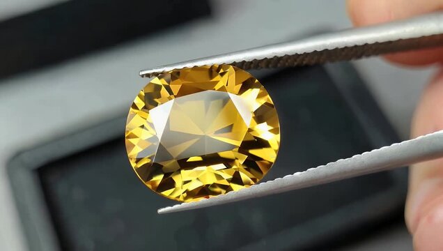 Opulent 4K macro clip showcasing a flawless brilliant cut yellow gemstone held firmly by professional metal jewelers tweezers emphasizing its sparkling facets for luxury retail marketing