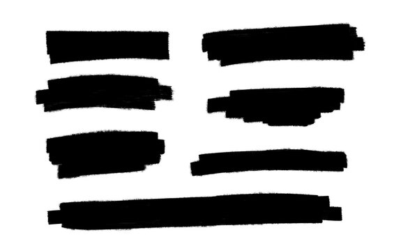 Set of black thick marker highlight swatches and brush strokes isolated on a white background