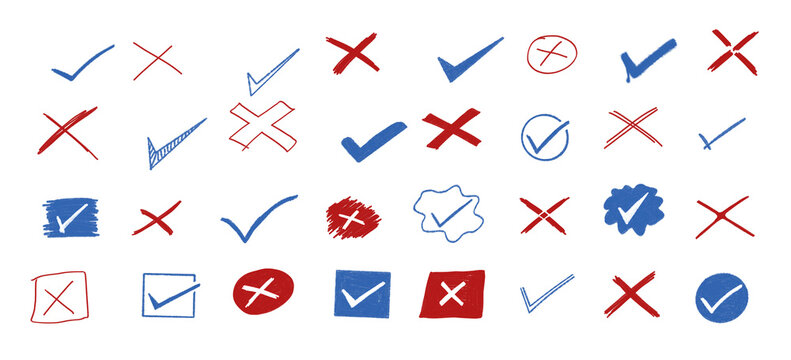 Set of hand drawn blue check marks and red crosses indicating correct and incorrect options