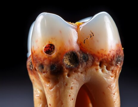 close up of tooth showing surface details and discoloration under magnification