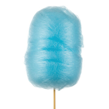 Voluminous, vibrant sky-blue cotton candy on a wooden stick, extreme macro view emphasizing gossamer texture, isolated on a bright white high-key studio background, concept for confectionery