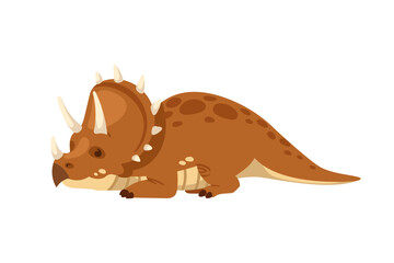WebCute cartoon triceratops dinosaur lying down on belly. Brown prehistoric reptile character with three sharp horns, big frill, and spots. Flat vector illustration isolated on white background. © Alfmaler