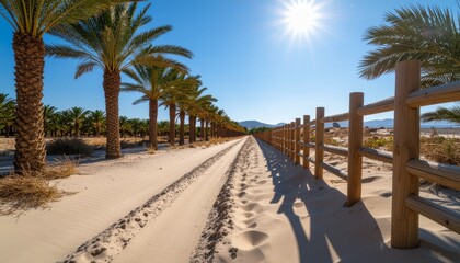 Obraz premium Sunny sandy road lined with palm trees and wooden fence