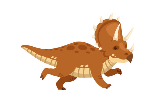 WebCute cartoon triceratops dinosaur running fast on feet. Brown prehistoric reptile character with three sharp horns, spots, and moving legs. Flat vector illustration isolated on white background.