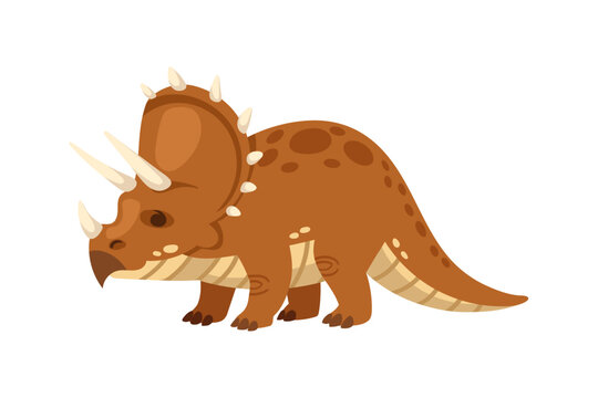 Cute cartoon triceratops dinosaur standing and looking forward. Brown prehistoric reptile character with three white horns, big frill, and spots. Flat vector illustration isolated on white background.