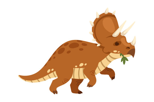WebCute cartoon triceratops dinosaur eating a small green branch. Brown prehistoric reptile character with three horns, large frill, and spots. Flat vector illustration isolated on white background.