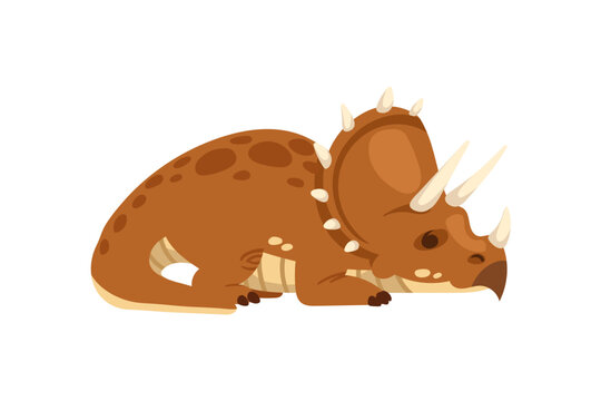 Cute cartoon triceratops dinosaur resting or sleeping. Brown prehistoric reptile character with three white horns, spots, and curved tail. Flat vector illustration isolated on white background.
