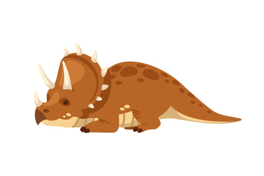 WebCute cartoon triceratops dinosaur lying down on belly. Brown prehistoric reptile character with three sharp horns, big frill, and spots. Flat vector illustration isolated on white background.