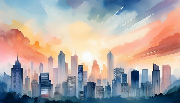 watercolor skyline at dawn with hazy buildings and soft sky colors