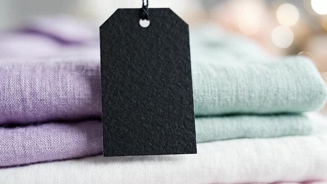 Black cardboard clothing tag on folded sweaters.