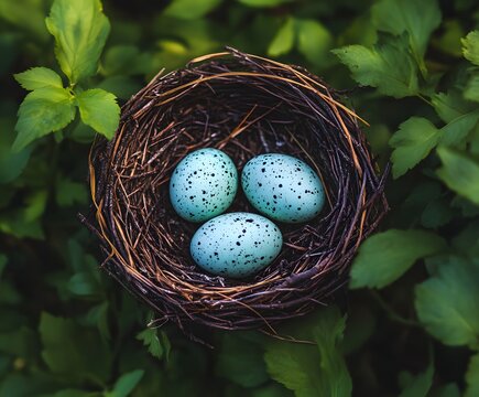 three striking robin's egg blue eggs with subtle speckles are cradled within a rustic twig nest, surrounded by lush green foliage.