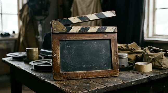 Vintage film clapper board with weathered wooden frame and blank chalkboard slate on rustic table, surrounded by filmmaking equipment and supplies for cinema production.