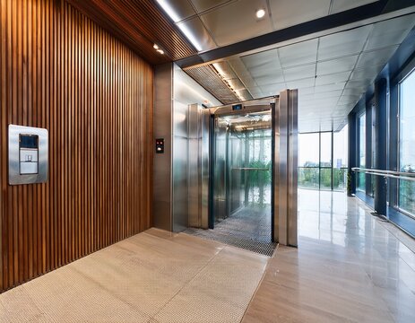 glass elevator in a modern building with wood paneling