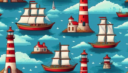 seamless pattern featuring pixel art lighthouses and nautical ships with clouds background © Katrina