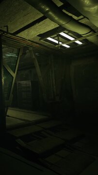 The space shows a basement with exposed pipes and shadows. A small window lets in some light. The atmosphere feels mysterious and abandoned, inviting exploration.