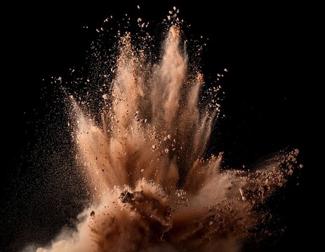 a dramatic explosion of dirt and debris creates a cloud of brown dust against a black background