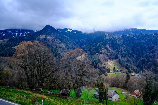 A picturesque mountain valley scene in the Swiss Alps features small stone cottages and wooden barns nestled in vibrant green pastures. The background shows steep, densely forested hillsides rising up
