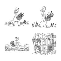 Obraz premium Line drawings of people carrying plants and gardening