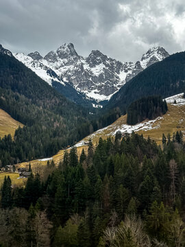 A dramatic alpine landscape highlights towering, jagged mountain peaks covered in patches of snow under a heavy, overcast winter sky. Dense green pine and fir forests blanket the steep valley walls, s