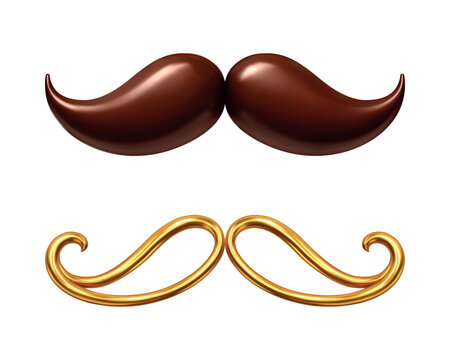 Brown and golden decorative mustaches ornament isolated on white background. Fathers Day gentleman symbol set
