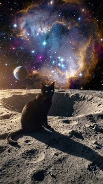 Black cat sitting on lunar surface near crater with Earth and colorful nebula in starry space background, mysterious cosmic scene with glowing stars and galaxy light