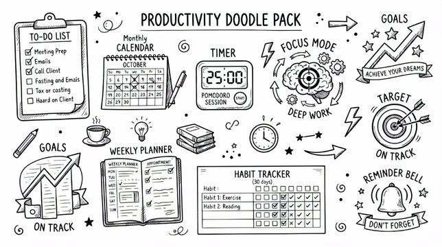 Hand draw productivity management and personal organization doodle elements set