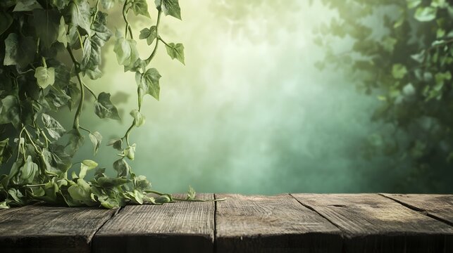 Close up of hanging ivy leaves over rustic dark wood surface background.