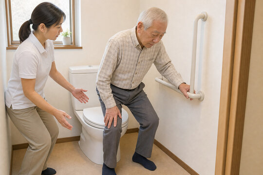高齢の日本人男性が介護相談員とトイレ手すりの使い勝手を確認する様子