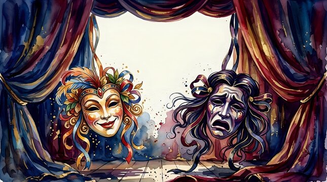 Comedy and tragedy theatrical masks with flowing hair displayed on a stage with ornate draped curtains in gold and blue tones, representing drama, performance art and classical theater symbolism.
