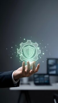 Businessman in formal attire holding glowing neon shield and gear icon with particles, representing cybersecurity, data protection, and system security solutions for business and technology concepts.