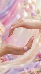 Fototapeta premium Two female hands with pink manicure positioned protectively over soft floral background with pink and purple tones, ideal for beauty, skincare, wellness and cosmetics marketing.